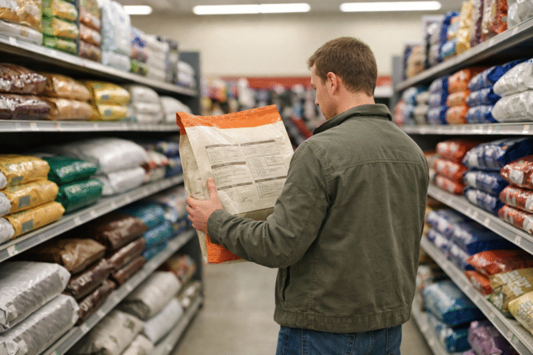 man decoding dog food labels in grocery store