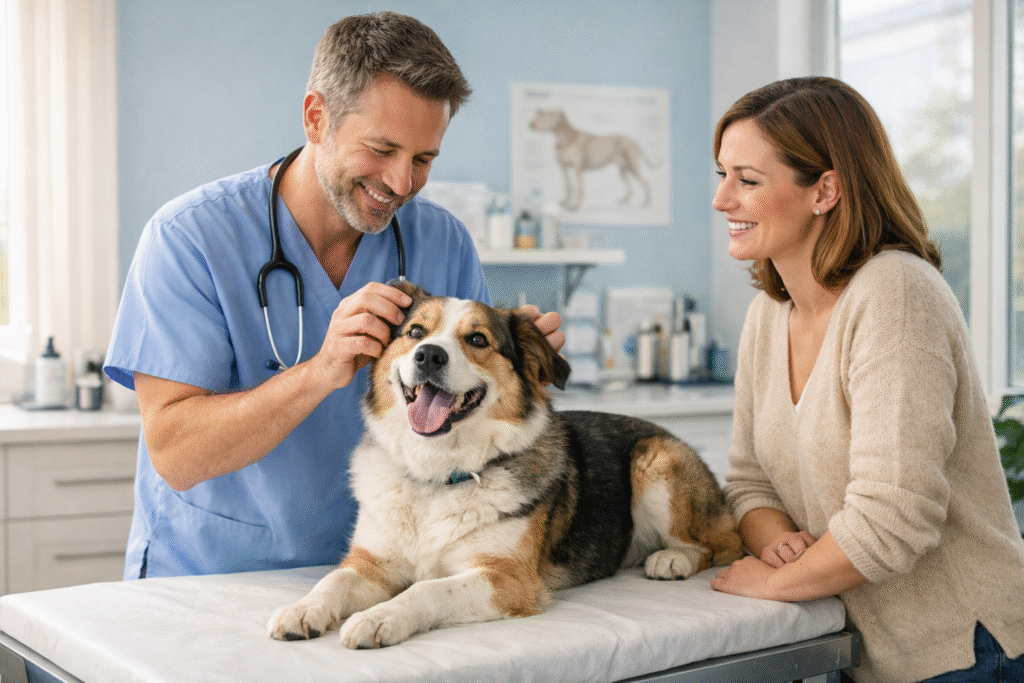 vet giving a dog a pet wellness plan exam
