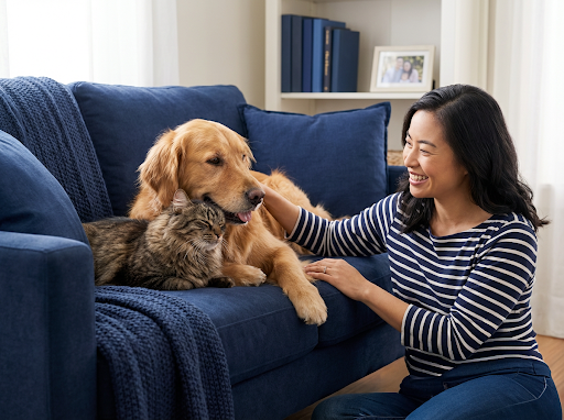 Smiling woman on a navy couch petting her golden retriever and tabby cat