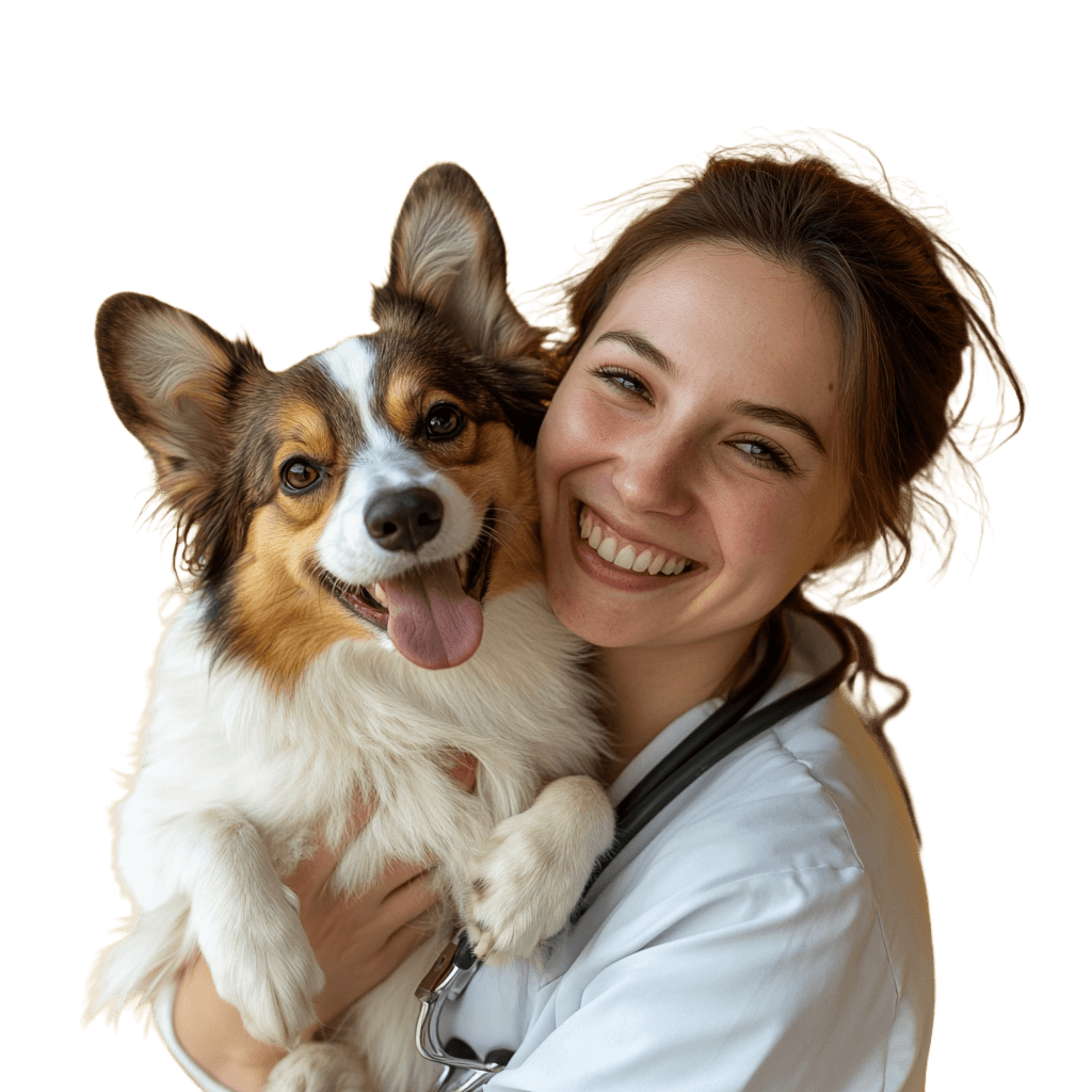 Smiling vet hugging a happy dog