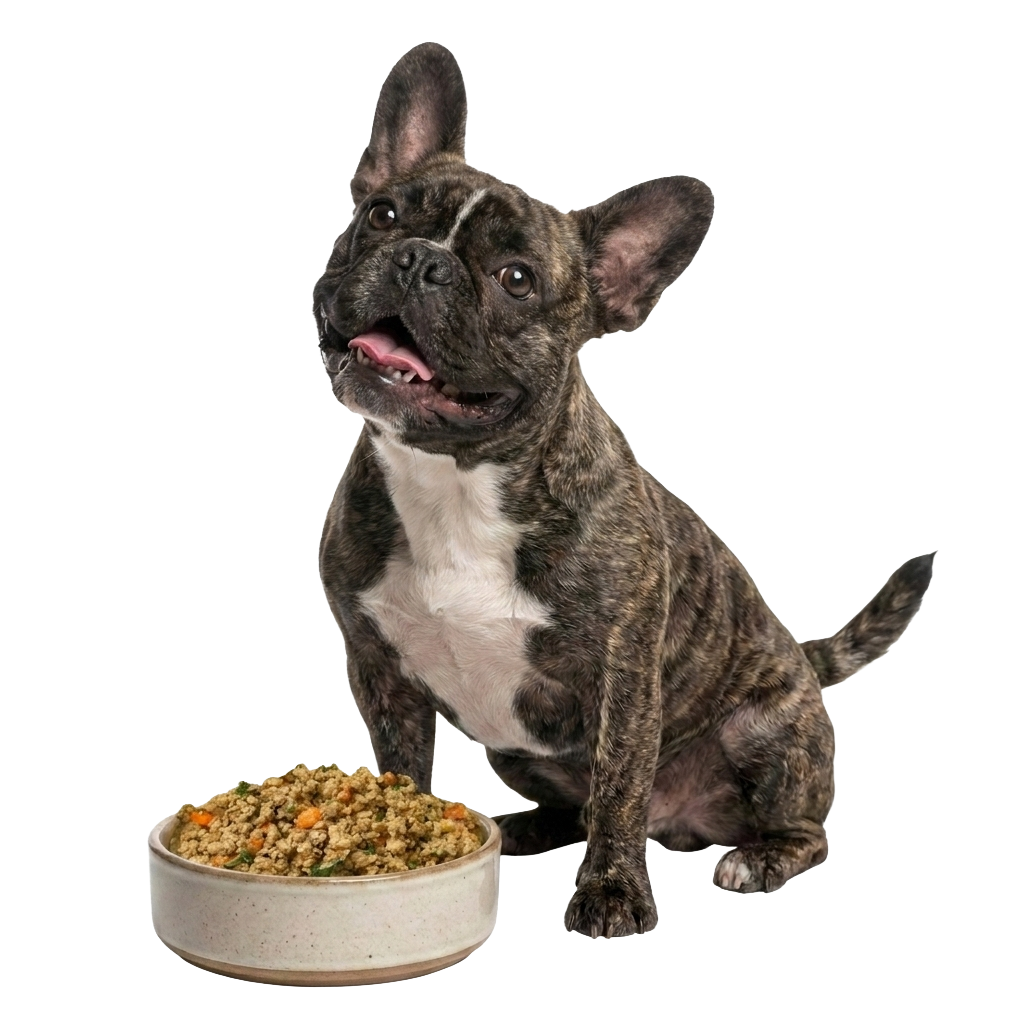 French bulldog next to a bowl of fresh dog food