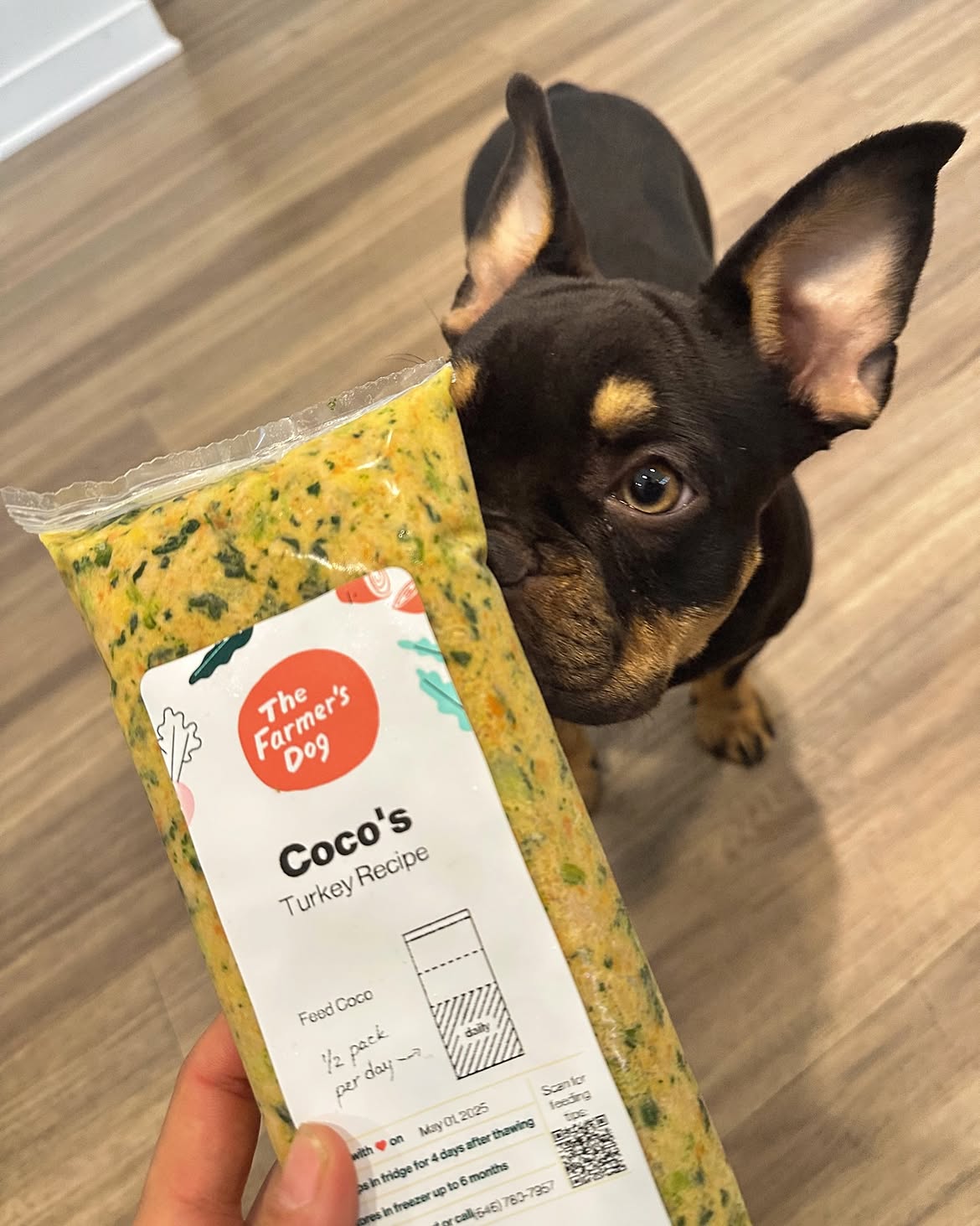 The Farmer's Dog pack labeled with the dog's name and exact daily portion