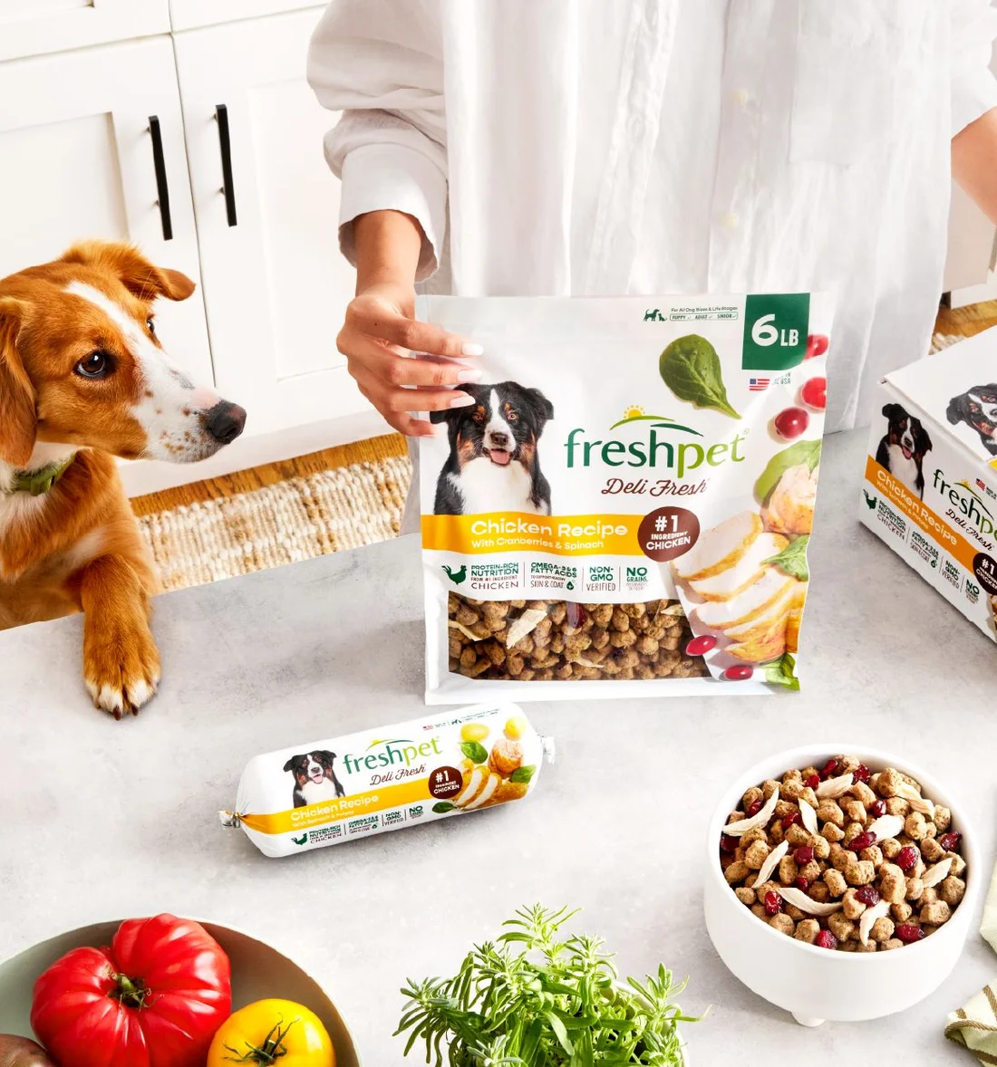 Pet parent preparing a bowl of Freshpet Deli Fresh while her dog watches from the counter