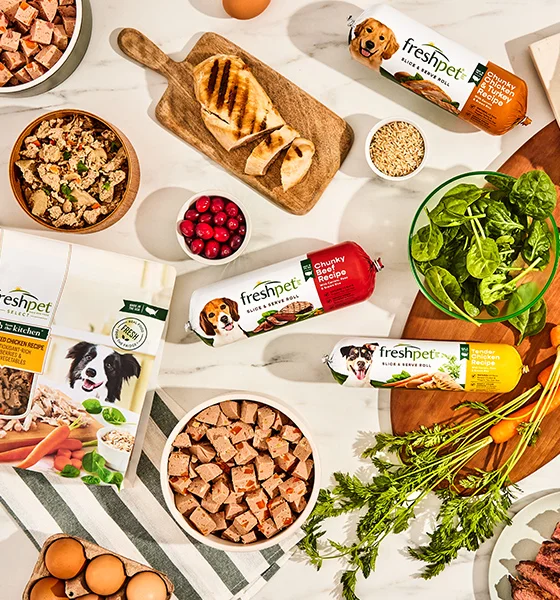 Freshpet rolls and recipes surrounded by the real chicken, vegetables, and grains that go into them