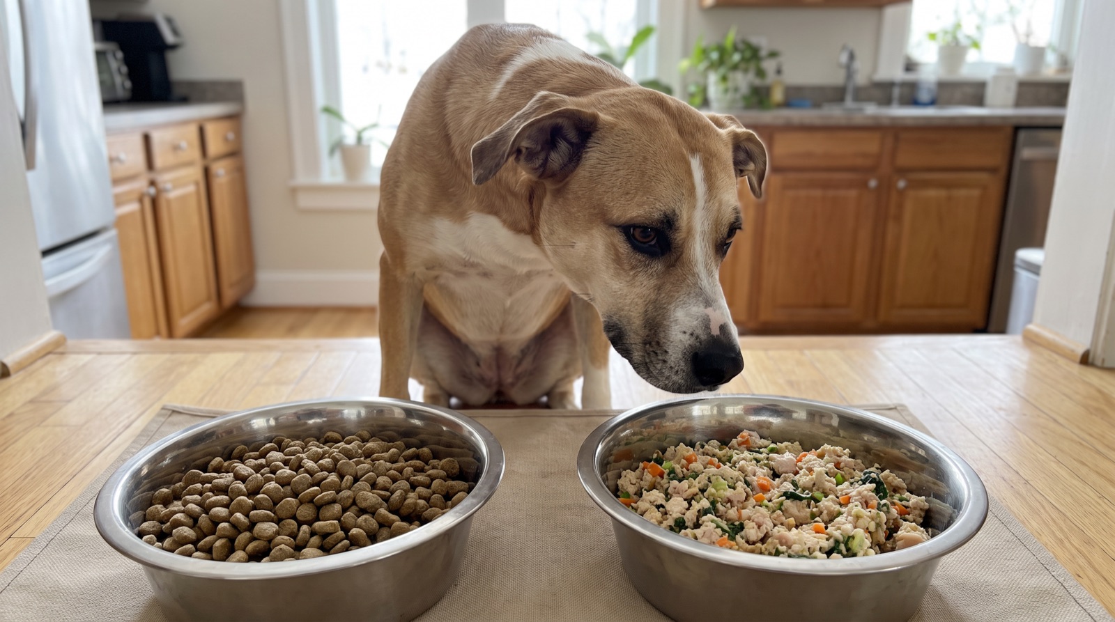 A dog looking at two bowls side by side: dry brown kibble on the left, fresh cooked meat and vegetables on the right